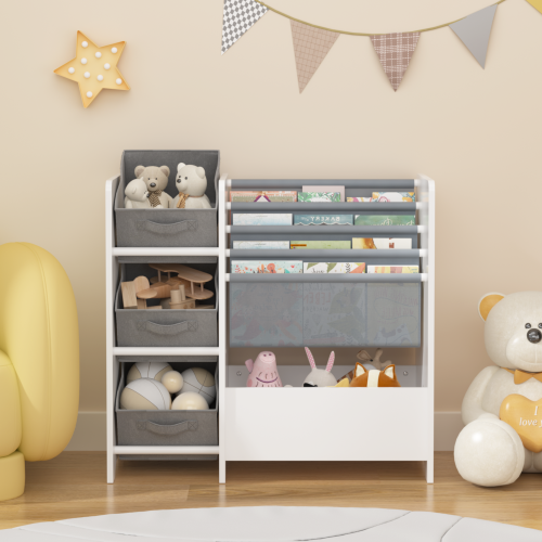 White 4-Tier Kids Bookshelf With 3 Collapsible Fabric Drawers Multi-Functional Toy Book Storage Organizer