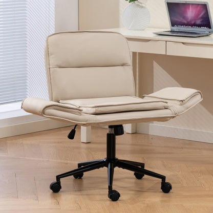 Criss Cross Chair with 5-Gear Adjustable Armrests & Wheels, Ergonomic Thickened Backrest Swivel Desk Chair for Home Office, Vanity, Bedroom and Living Room, Beige Pu