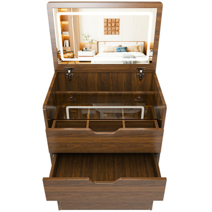 Walnut 3-in-1 Flip-Top LED Vanity Desk 23 inch L, HD Shatter Resistant Mirror & Storage Stool