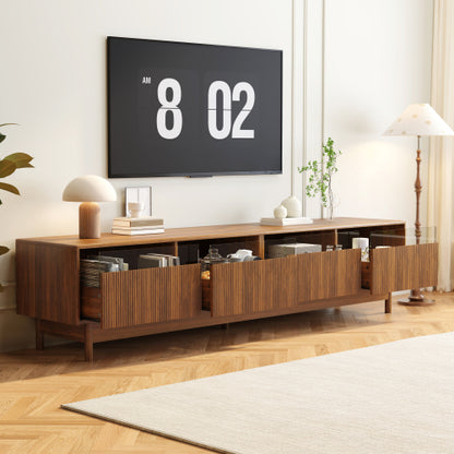 78.7 inch Walnut Fluted Glass Drawer TV Stand Solid Wood Leg Media Console Up To 85 inch TV