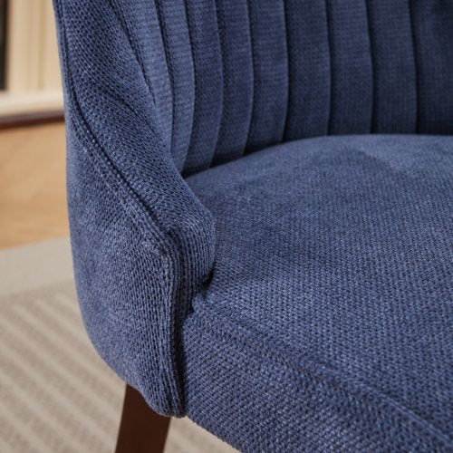 Set of 2 Blue Rayon Flocking Linen High Back Dining Chairs, Curved Solid Wood Legs Adjustable Leveling Feet