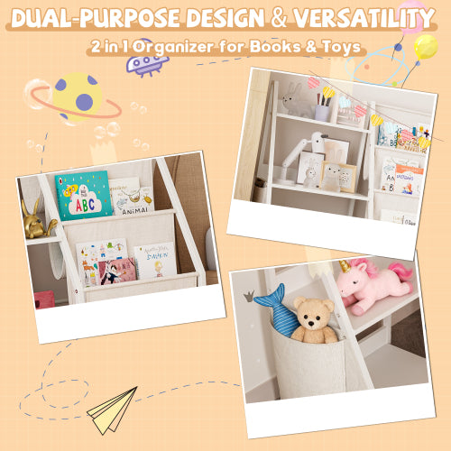 White Montessori Kids Bookshelf Wooden Fabric Combined Anti-Tip Toddler Nursery Book Toy Storage Rack