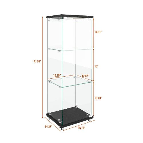 Modern Glass Display Cabinet with LED lights, Quick-assembly Antique Cabinet, Tempered Glass Bookshelf, Suitable for Living Room and Bedrooms, 1-door 3-shelf, Black