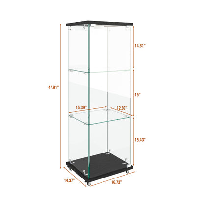 Modern Glass Display Cabinet with LED lights, Quick-assembly Antique Cabinet, Tempered Glass Bookshelf, Suitable for Living Room and Bedrooms, 1-door 3-shelf, Black