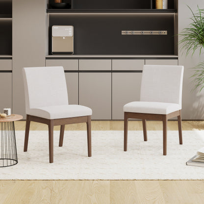 Set of 2 Contemporary Minimalist Dining Chairs, Walnut Rubberwood Legs with Light Beige Upholstery