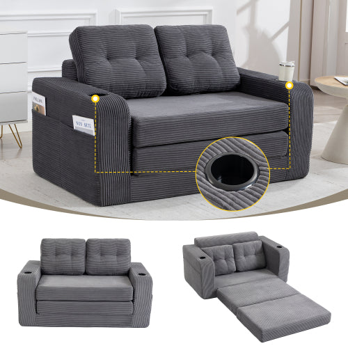 2-in-1 Fold-Out Corduroy Convertible Floor Sofa-Bed with Pockets