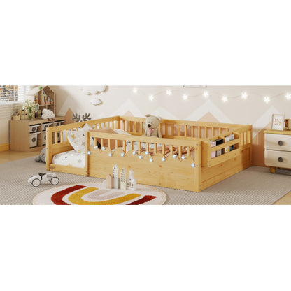 Full Montessori Floor Bed Frame with High Rails, Wood Kids Floor Beds with Light and Storage Shelf, Natural