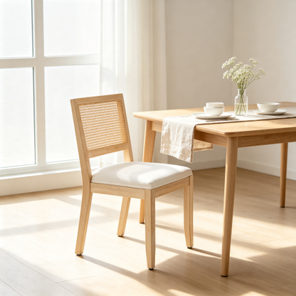 2-Piece Farmhouse Rattan Dining Chairs, Mid-Century Cane Low Back Chairs, Natural Solid Wood Frame & Breathable Linen Upholstery, Beige