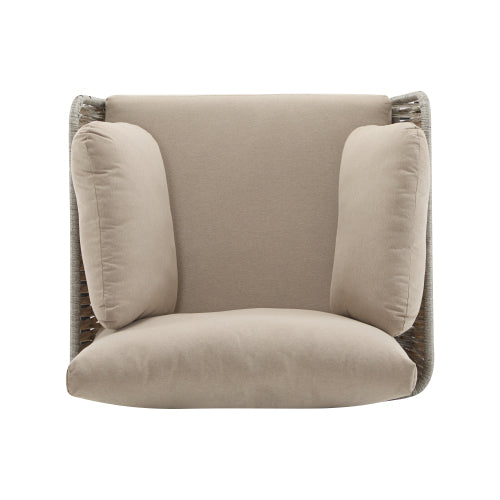36" Beige Iron Lounge Chair with Rope Weave Design and Plush Cushions, Perfect for Indoor and Outdoor Relaxation
