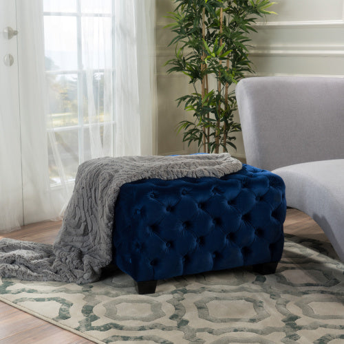 Navy Blue Velvet Button Tufted Ottoman, Diamond Stitch Modern Glam Accent Seat for Living Room