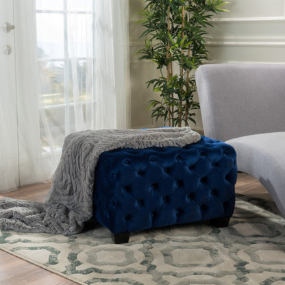 Navy Blue Velvet Button Tufted Ottoman, Diamond Stitch Modern Glam Accent Seat for Living Room