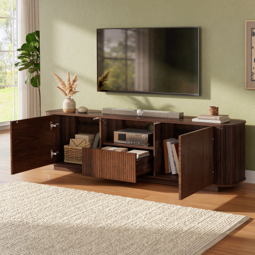 70 inch Modern TV Stand for TVs Up to 80 inch, Wood Grain Media Console with Storage, Curved Corners