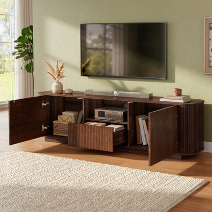 70 inch Modern TV Stand for TVs Up to 80 inch, Wood Grain Media Console with Storage, Curved Corners