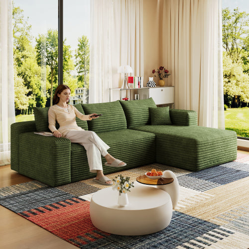 95-Inch Green Plush Corduroy U-Shaped Cloud Modular Sectional Deep-Seat Corner Sofa No-Assembly for Living-Room
