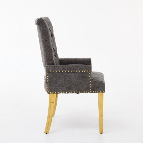 Tufted Chenille Dining Armchair with Nailhead Trim and Steel Legs, Gray