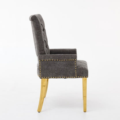 Tufted Chenille Dining Armchair with Nailhead Trim and Steel Legs, Gray