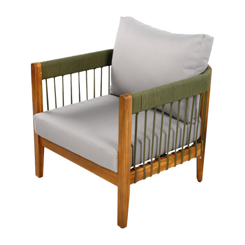 Acacia Wood Outdoor Club Chair with Handwoven Rope Accents & Curved Backrest - Water-Resistant Boho Patio Lounge Chair with Removable Cushions for Porch, Garden