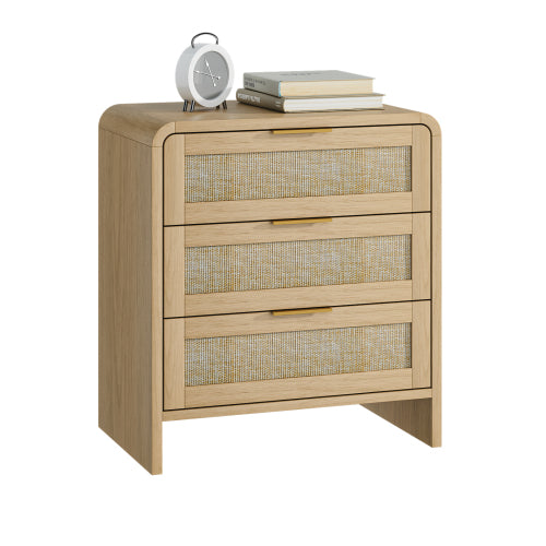 Rattan Nightstand 3 Drawers, 22.8inch  Wide Curved Wooden Bedside Table, Modern Storage for Bedroom, Natural Oak.