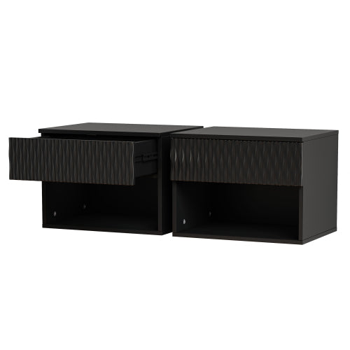set of 2 nightstand with Space-Saving Wall-Mounted Cabinet: Drawer, Open Storage, 3-Section Slides, Carved Surface, Anti-Shaking, DIY, for Bedroom/Office