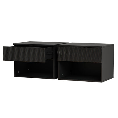 set of 2 nightstand with Space-Saving Wall-Mounted Cabinet: Drawer, Open Storage, 3-Section Slides, Carved Surface, Anti-Shaking, DIY, for Bedroom/Office