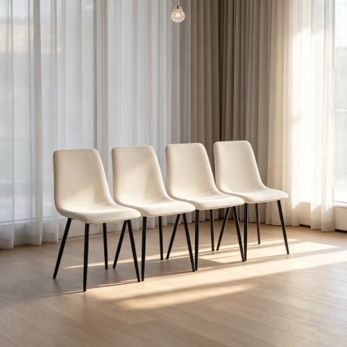 Linen Upholstered Dining Chairs with Black Metal Legs, Set of 4, Beige