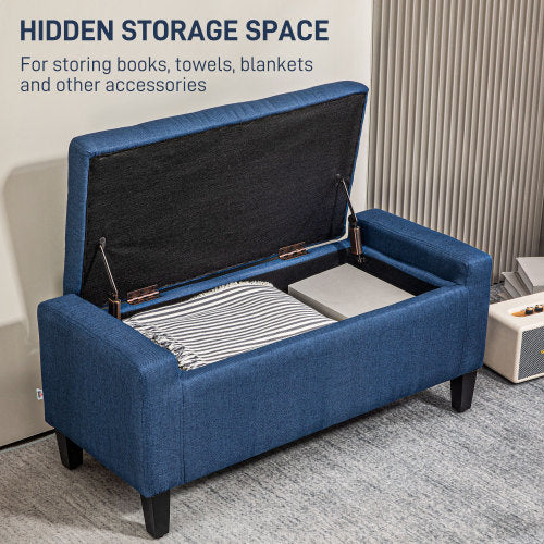 Storage Ottoman, Linen Upholstered Storage Bench with Lift Top and Button Tufted for Living Room, Dark Blue
