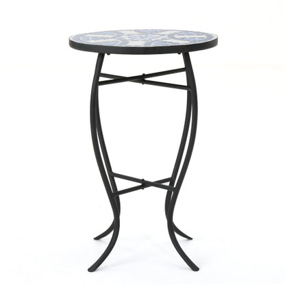 Outdoor Round Side Table with Mosaic-Style Top and Curved Iron Legs, End Table-Blue ,Wihte and Matte Black