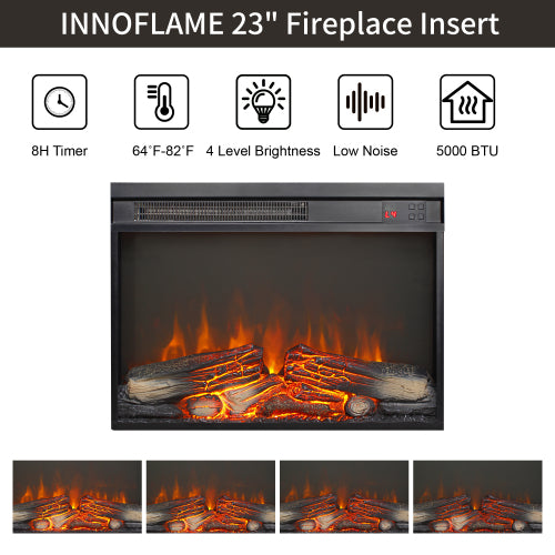 23 inch electric fireplace insert, ultra thin heater with log set & realistic flame, remote control with timer, overheating protection