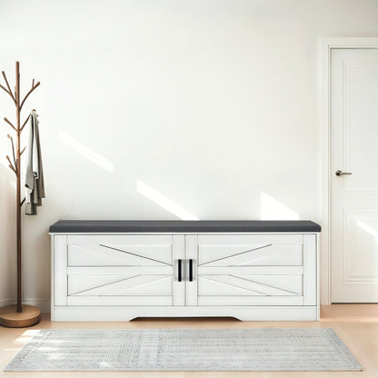 2-Tier Storage Bench, Farmhouse Shoe Bench with Padded Seat Cushion, Entryway Bench with 2 Barn Doors & 2 Adjustable Shelves, 13.75inch  D x 39.4inch  W x 17.72inch  H, for Entryway, Bedroom, Living Room, White