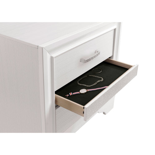 White 2 Drawer Nightstand with Hidden Jewelry Tray, Glam Bedside Table with Crystal Handles, Bedroom Storage Cabinet