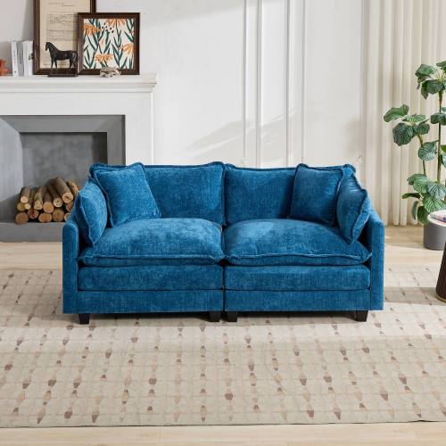 Blue Cloud-Style Modular Loveseat Sofa, Breathable Chenille Fabric, Double-Layer Cushion, Ottoman Not Included