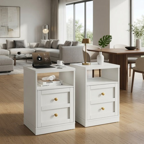 2-Pack White Modern Nightstand, Faux Drawer Design with Cabinet & Open Shelf