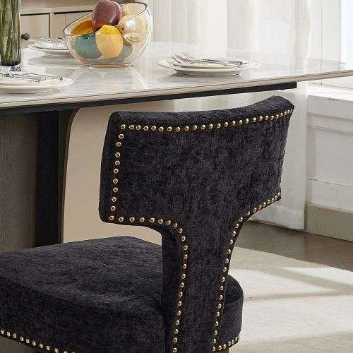 Set of 2 Black Mid-Century Farmhouse Dining Chairs, Copper Nail Curved Back Golden Plated Stainless Steel Legs 300lbs Capacity