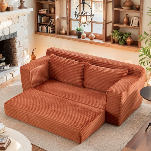 Orange Memory-Foam Convertible Compression Loveseat Sofa-Bed Corduroy No-Assembly Couch for Small Apartment