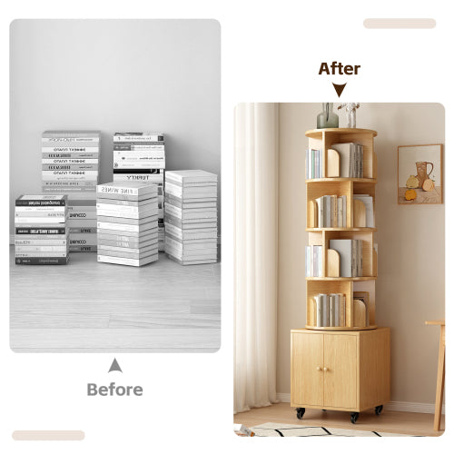 5-Tier Rotating Corner Bookshelf with Double Door Drawer, 360¡ã Revolving Wooden Home Storage Rack