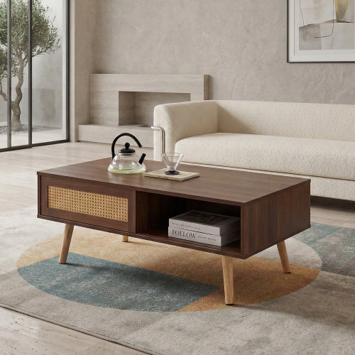 PE Rattan Coffee Table Sliding Door Storage Solid Wood Legs Walnut Accent Table