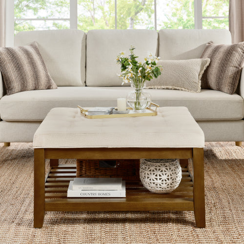 Upholstered Coffee Table Tufted Linen Large Square Ottoman with Beech Wood Shelf and Frame, Oversized Footrest Ottoman for Living Room,Office,Bedroom,Outdoor IVORY