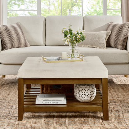 Upholstered Coffee Table Tufted Linen Large Square Ottoman with Beech Wood Shelf and Frame, Oversized Footrest Ottoman for Living Room,Office,Bedroom,Outdoor IVORY