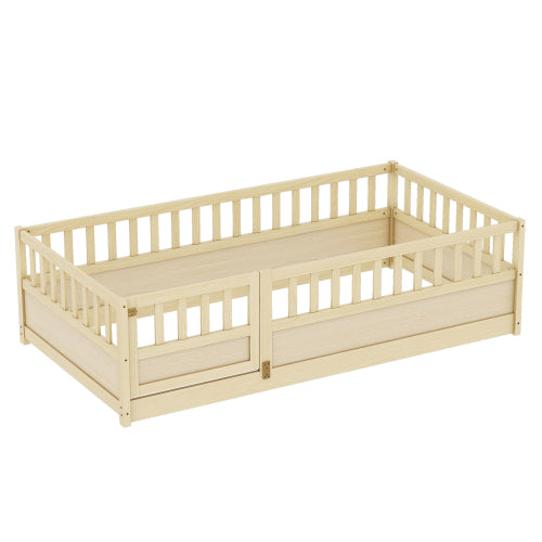 Twin Size Floor bed, integral construction with super high security barrier, door, children's floor bed frame, Montessori wooden children's floor bed,Natural Wood