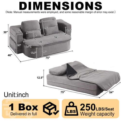 75 inch  Corduroy Convertible Floor Sofa Bed with Built-in Blanket & 4 Pillows