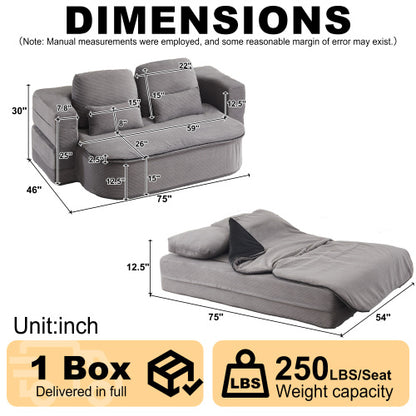 75 inch  Corduroy Convertible Floor Sofa Bed with Built-in Blanket & 4 Pillows