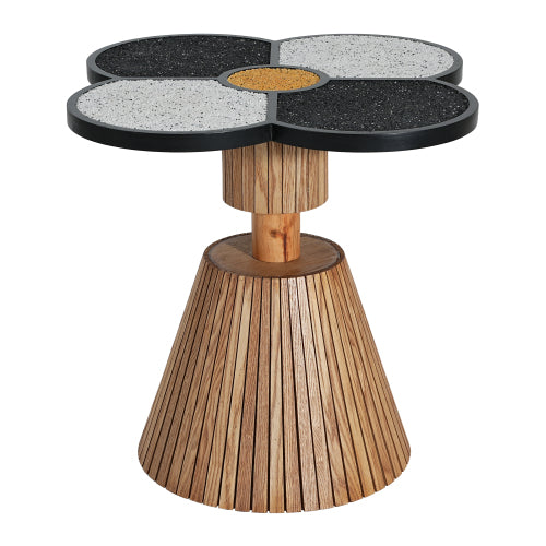 Four-Leaf Clover Decorative Side Table, Stone Texture Top Wood-Grain Base Accent Table