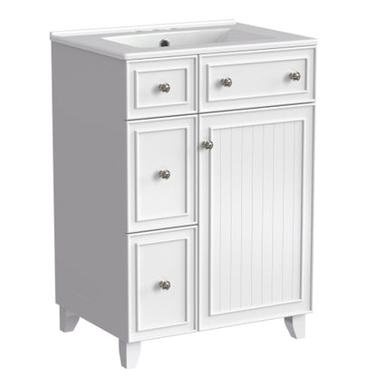 24-Inch Bathroom Vanity Cabinet with Ceramic Sink, 2 Drawers, 1 Door