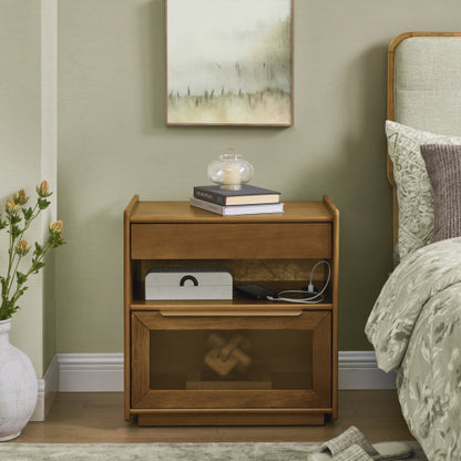 Mid Century Modern Nightstand with Charging Station & Outlet Hole & 2 Drawers, Farmhouse End Table with Open Shelf & Glass Drawer Dresser, Side Cabinet for Living Room Reception Room Dorm-Light Walnut