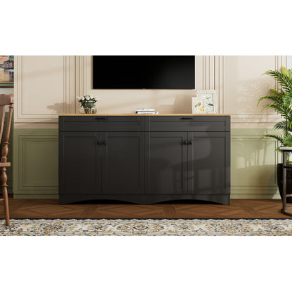 Black Farmhouse Wood Grain Top TV Stand With 2 Drawers For 70 Inch TV