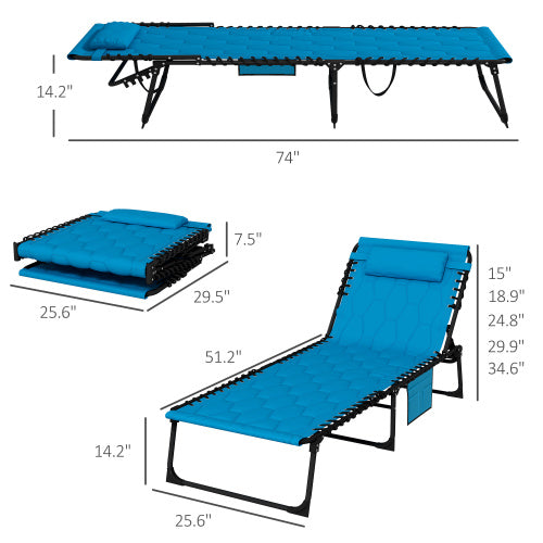 Outsunny Folding Chaise Lounge Set with 5-level Reclining Back, Outdoor Lounge Tanning Chair with Padded Seat, Side Pocket & Headrest for Beach, Yard, Patio, Sky Blue