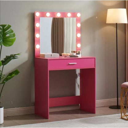 Pink Vanity Desk with Mirror and Lights, 11 LED Bulbs, Large Drawer, 3 Lighting Modes, Bedroom