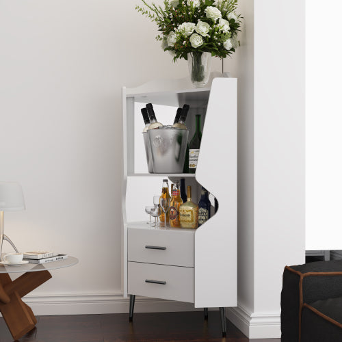 Wooden Corner bar cabinet with 2 open storage shelves and 2 drawers, mirrored back sideboard cabinet, high feet/legs for easy cleaning, buffet cabinet WHITE
