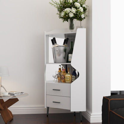 Wooden Corner bar cabinet with 2 open storage shelves and 2 drawers, mirrored back sideboard cabinet, high feet/legs for easy cleaning, buffet cabinet WHITE