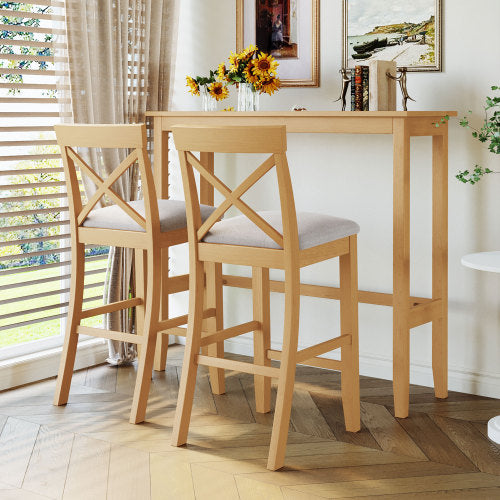 Farmhouse 48inch Rectangular Wood Bar Height Dining Set Kitchen Breakfast Nook with 2 Chairs for Small Places,Natural+Beige